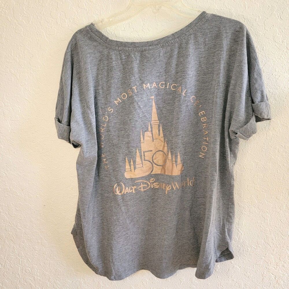Disney Women Shirt XL 50Th Anniversary Rose Gold Castle Short Sleeve Gray Mickey